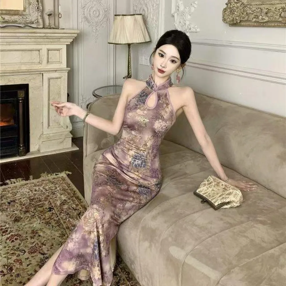 2026 Purple Imperial Concubine Qipao Summer Dress, Cut-out Shoulder Chinese Style Waterdrop Long Printed Cheongsam