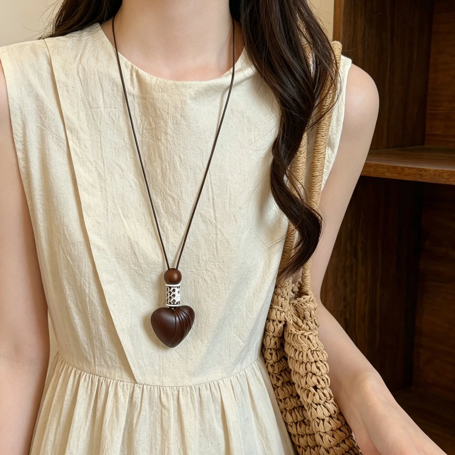Trendy Vintage Brown Sea Star Wooden Geometric Pendant Necklaces For Women Long Adjustable Rope Sweater Chain Boho Neck Jewelry - view 3