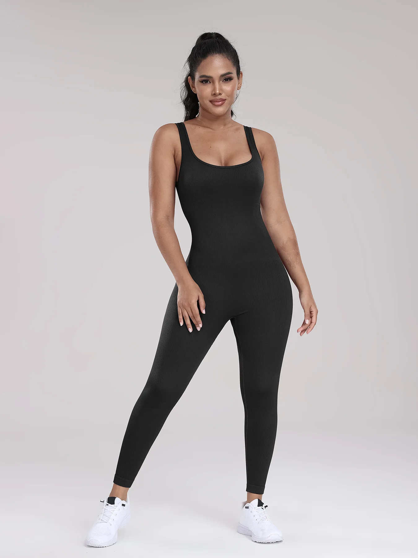 Women's Seamless Ribbed Square Neck Jumpsuits One Piece Yoga Workout Sleeveless Rompers Ladies Sexy Gym Fitness Tank Top Legging
