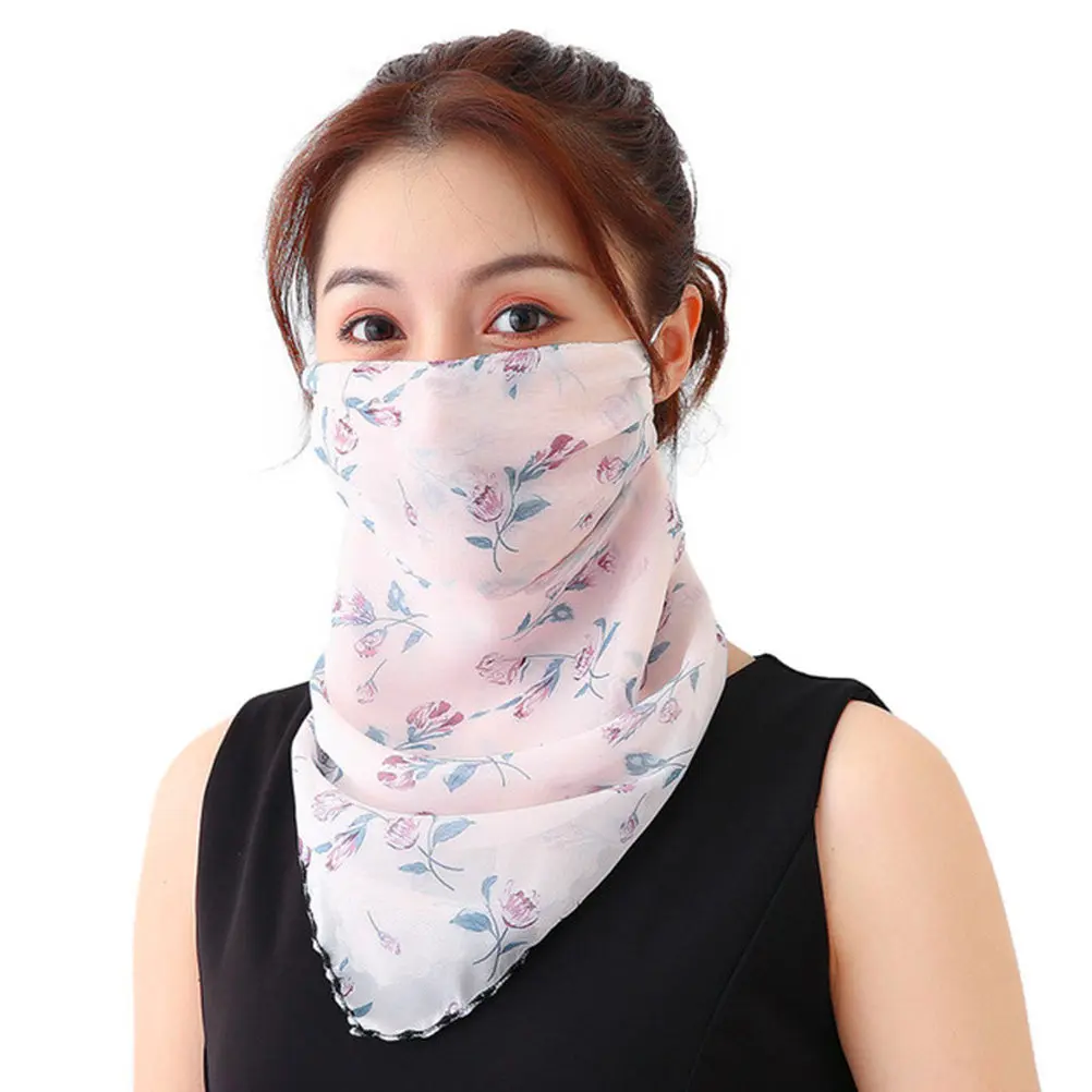 

2Pcs Sunscreen Face Mask Floral Printing Chiffon Soft Breathable Adjustable Ear Strap Outdoor Cycling Travel Neck Cover