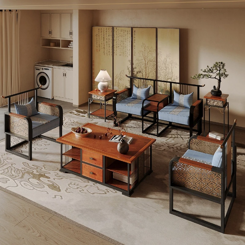 

Modern new Chinese-style sofa, coffee table, side table combination, ancient style creative wrought iron villa, homestay