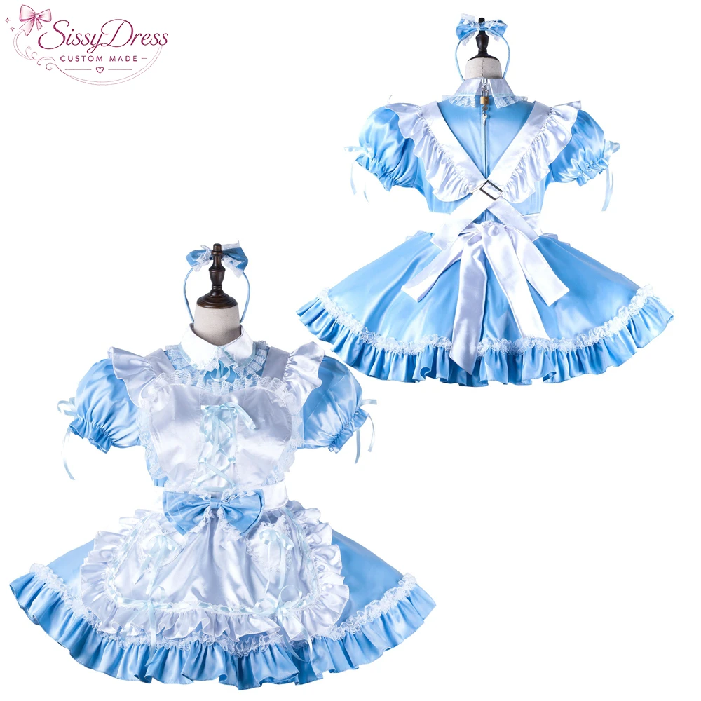 

sissy dress sexy crossdressing sissy maid baby blue satin dress lockable Uniform white apron costume [G2221]