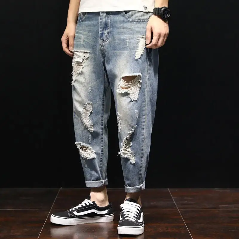 

Summer Young Style Solid Color Beggar Distressed Hole Men New Cowboy Loose Large Size Nine Points Korean Trend Thin Haren Pants