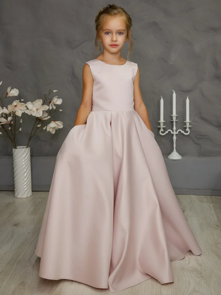 Flower Girl Dresses Dusty Pink Satin A-line Skirt With Bow Sleeveless For Wedding Birthday Party Banquet Princess Gowns