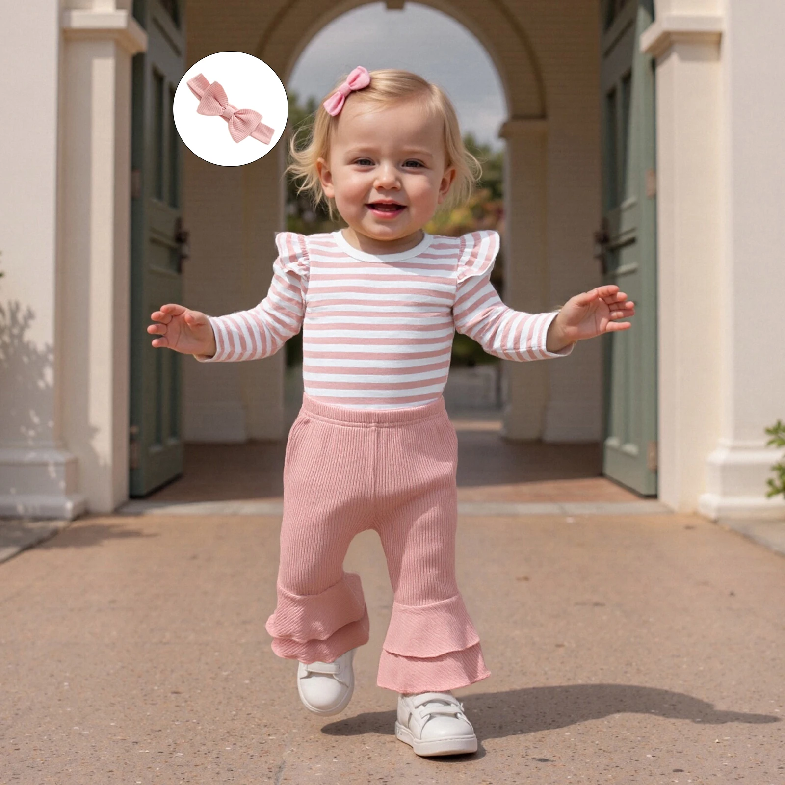 ملابس خريفية للفتيات الصغيرات، رومبير مخطط بأكمام طويلة مع بنطال واسع ومجموعة ملابس عصابة رأس