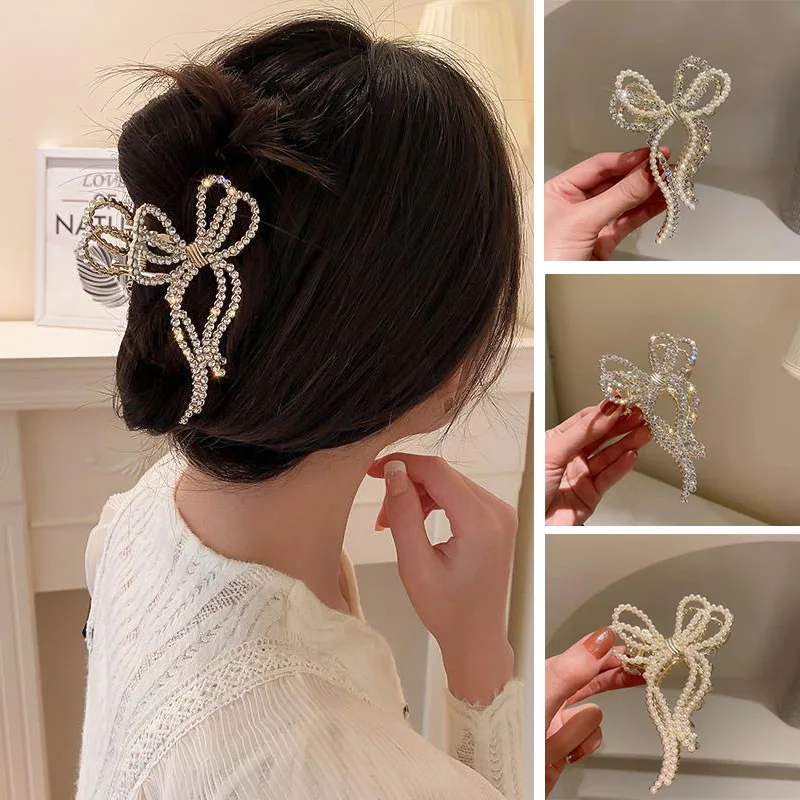 Fashion Pearl Hair Claw Clip for Women Pearl Bow Claw clip Metal Hair Accessories Hollow Barrette Crystal Ponytail Clip Ornament