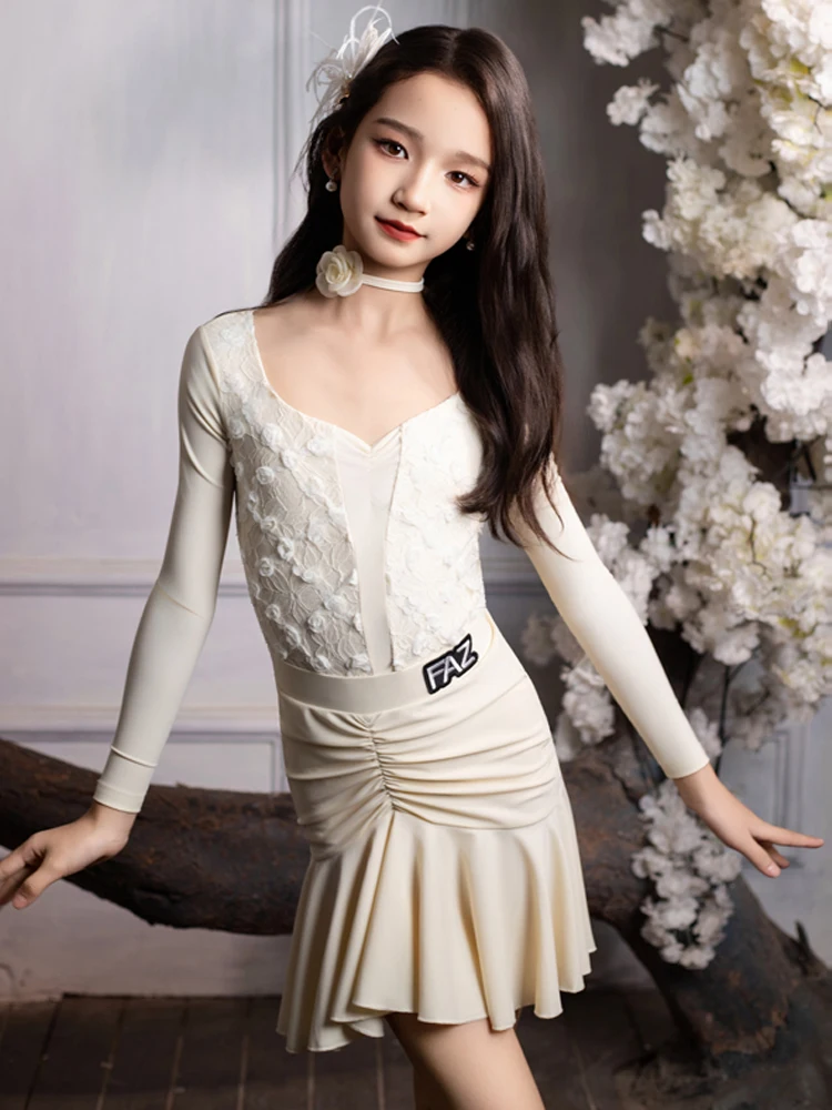 2025 Kinderen Latin Dansvoorstelling Kostuums Voor Meisjes Lange Mouwen Split Rokken Oefenoutfits Samba Chacha Latin Wear