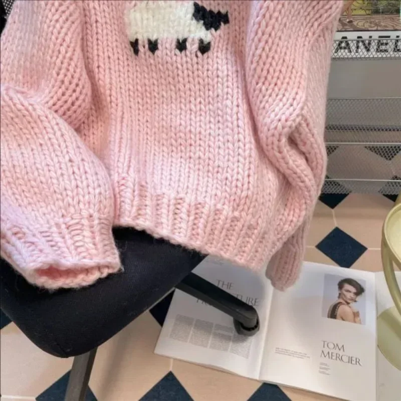 Kimotimo Cute Cartoon Print Pink Sweater Women 2025 Autumn Winter O-neck Long Sleeve Knitted Pullover Korean Fashion Short Tops