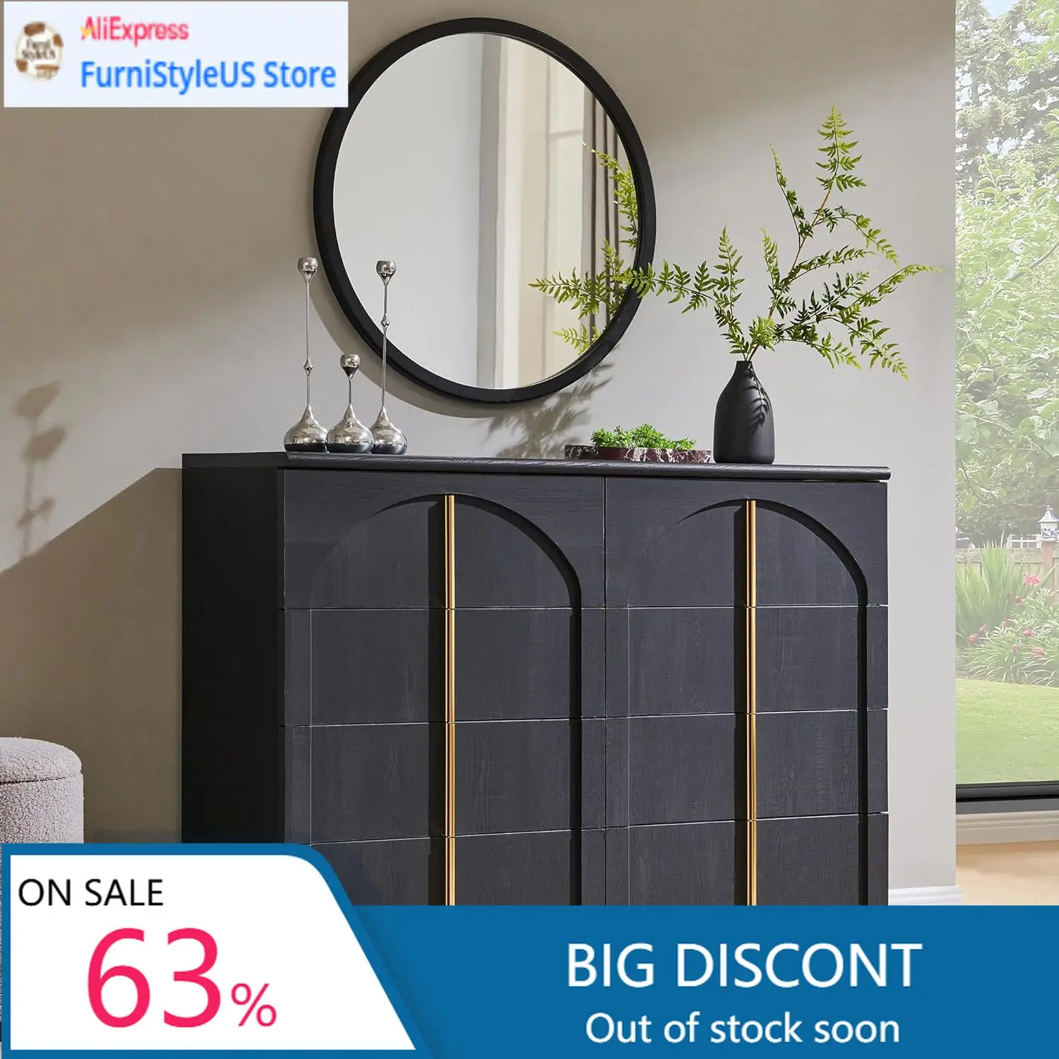 

Большой комод для спальни с 8 ящиками и арочными панелями, современный минималистичный комод с золотыми ручками, деревянный шкаф для хранения