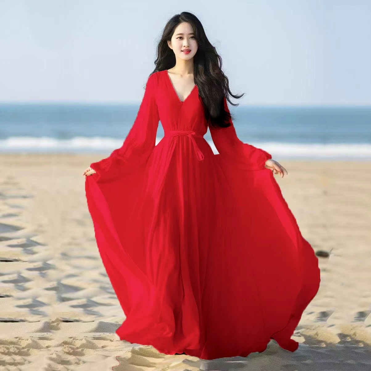 Vestido largo bohemio de gasa para playa para mujer, vestido informal holgado con cuello en V y cinturón de manga larga, Túnica para fiesta de noche y baile