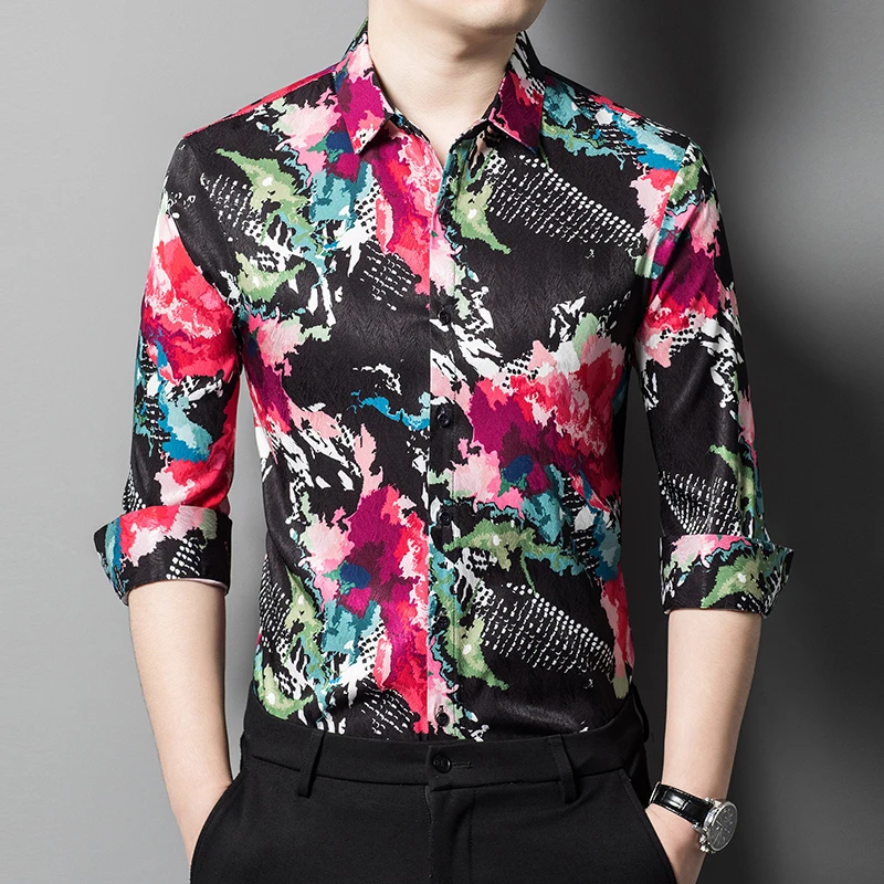 

Men's Colors Printing Silk Shirts 2023 Autumn Long Sleeve Smooth Flowers Printed Clothes Male Silk Dress Shirts