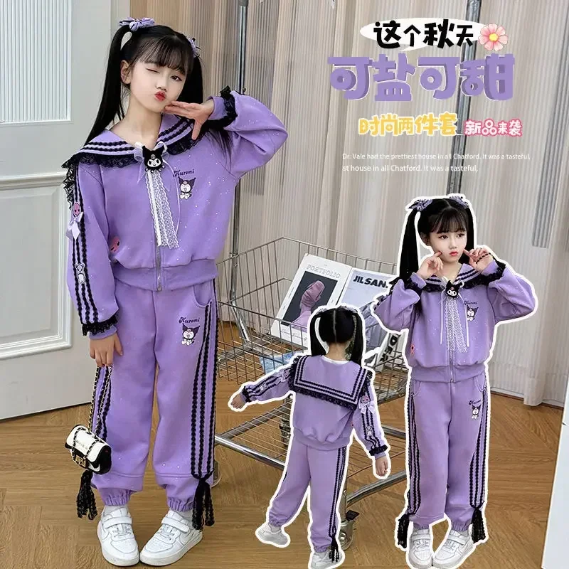 

Sweet Kuromi Anime Kawaii Sanrio Long Sleeve Hooded Jacket Pants Set Cute Cartoon Children Clothing Lovely Toys for Kids