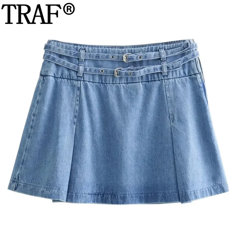 

TRAF Blue Denim Skirt Woman Belt Low Rise Mini Skirt Fashion Pleated Short Skirts For Women Streetwear Summer A Line Girl Skirt