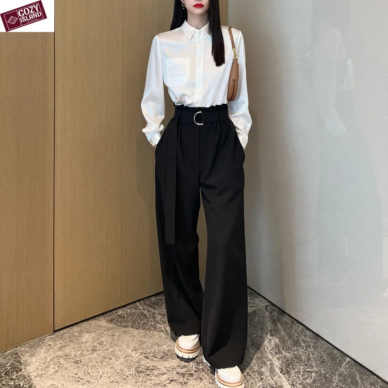 

Tailored Wide Leg Pants Women Spring Casual Straight-leg Brown Trousers High Waist Drape Belt Black Elasticity Bottom Clothes