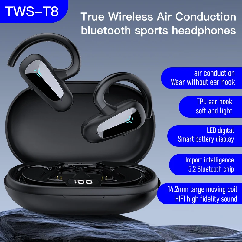 TWS-T8 Ear Mounted Air Conduction Bone Conduction Headphones Wireless Blue-tooth Earphones Sports Business Headset With Mic