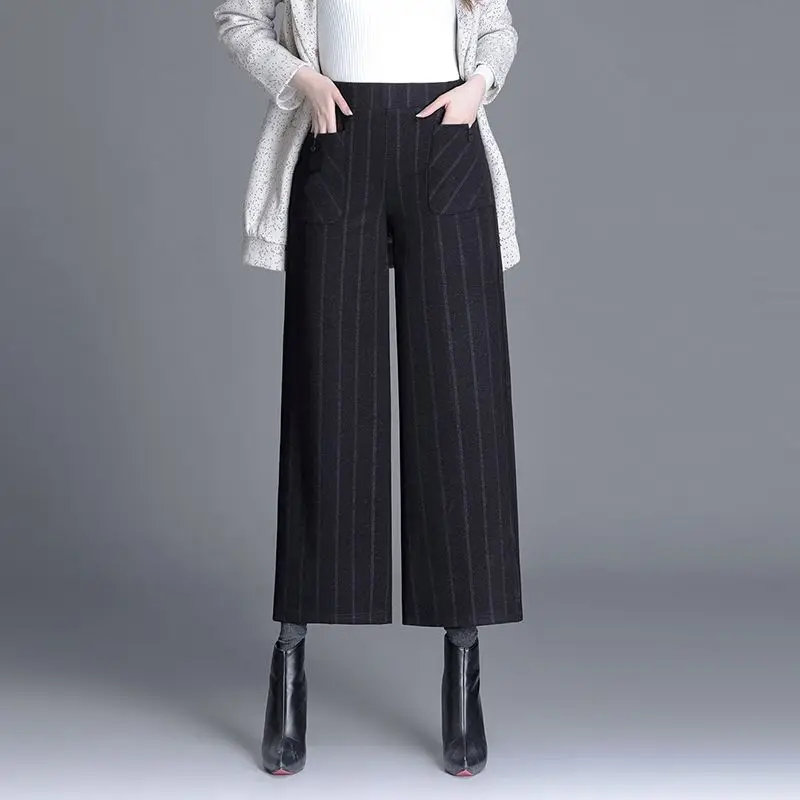 Women's Clothing Casual Printing Plaid High Waist Straight Wide Leg Pants Autumn Winter Thin Fashion Loose Vintage Ladies