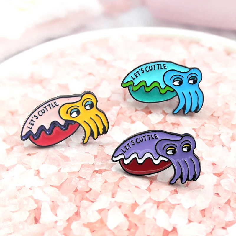 Bros LET'S CUTTLE biru ungu merah muda cumi-cumi Enamel Pin lencana hewan bros untuk anak-anak wanita hadiah perhiasan cumi-cumi