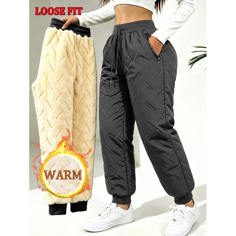 Men's and Women's Winter Fleece Thick Casual Pants with Zipper Pockets for Comfortable Foot Binding Cotton Pants Windproof Pants