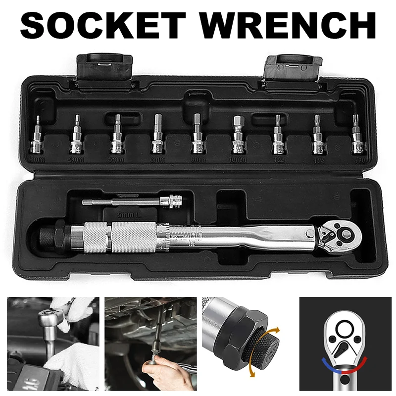 

11pcs Quick-release Torque Wrench Set Ratchet Wrench Kit Car Repair Tool 5-25Nm 1/4 Torque Spanner Screwdriver Bits Hand Tool