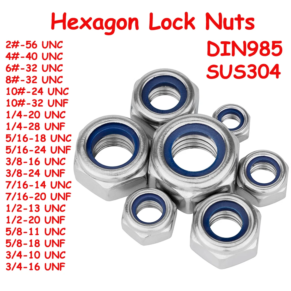 

Yiqianyuan 2#-10# 1/4'' to 3/4'' UNC UNF Thread DIN985 SUS304 Stainless Steel Nylon Insert Lock Nut Hex Self-locking Locknuts