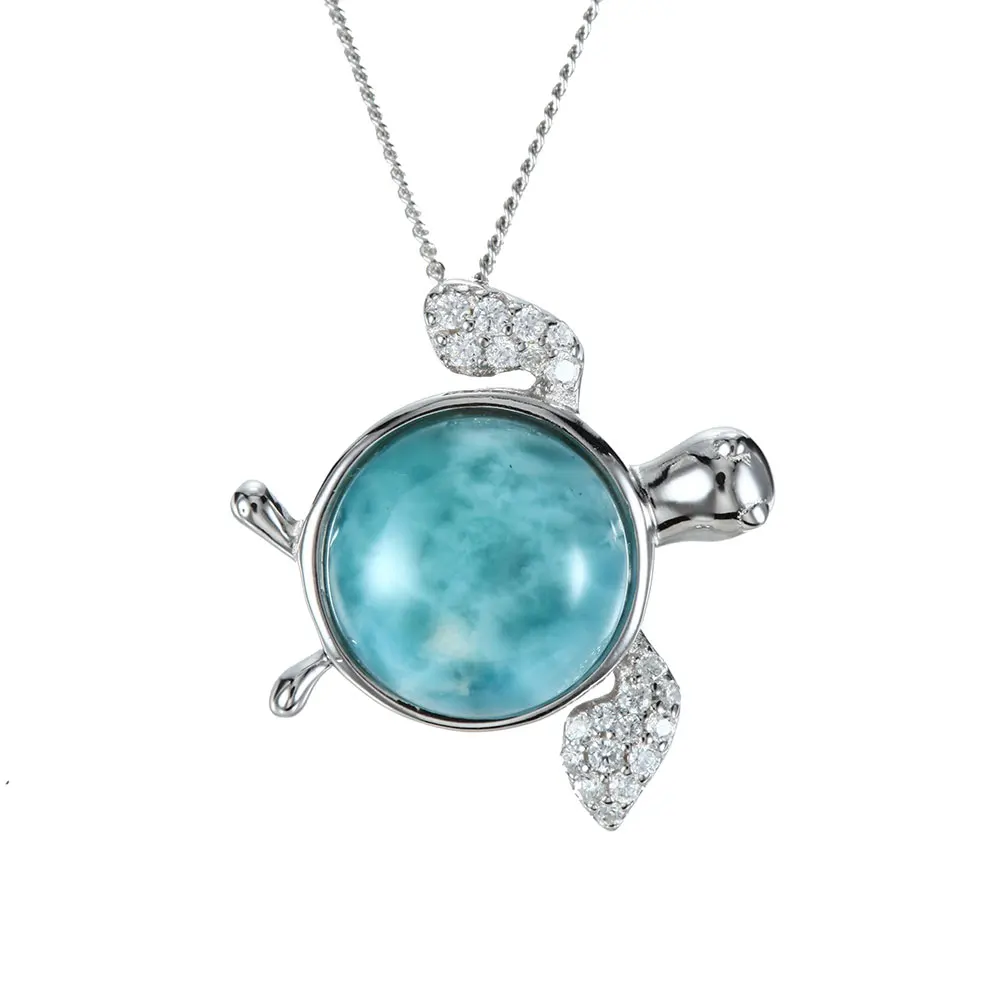 

925 Sterling Silver Natural Larimar Pendant Necklace for Women Fine Blue Stone Cute Sea Turtle Pendant Jewelry Gift