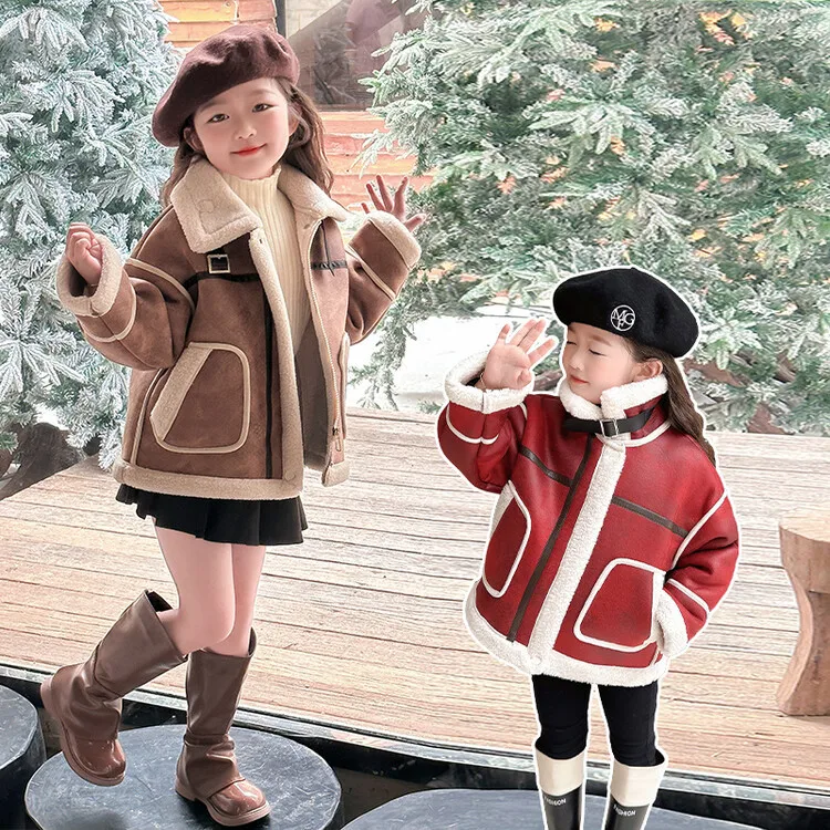 

Girls Fashion Coat 2024 Christmas New Year Girl Coat Deerskin Fluff Inside Warm Thick Coat Winter New Style Korean Simple Style