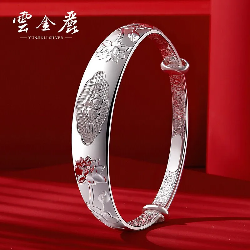 Yunjinli Silver Bracelet Mother Lotus Fu Push-Pull 999 Pure Silver Bracelet to Give Mom Elder Birthday and Holiday Gift Ethnic S