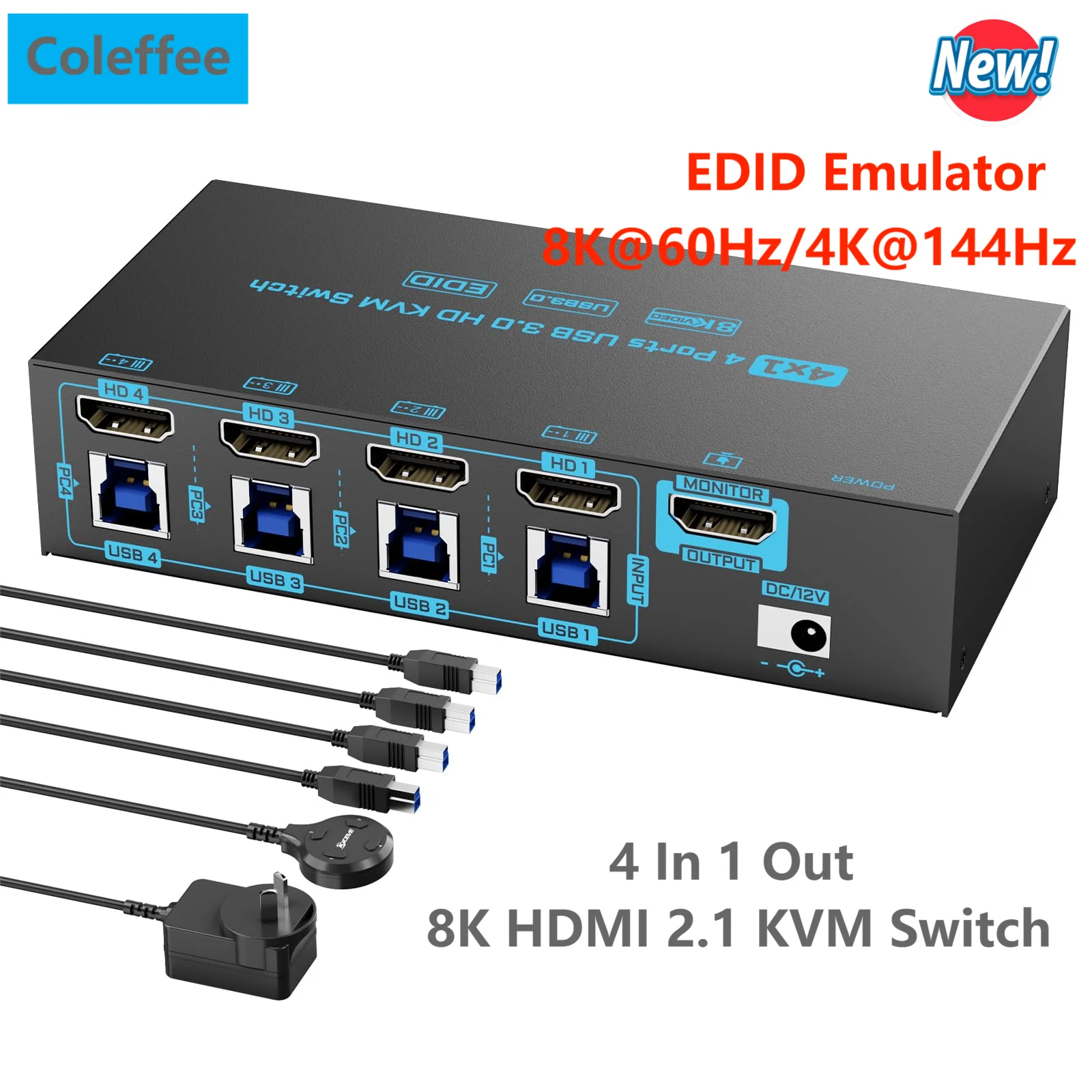 

8K HDMI KVM Switch 4 Computers 4 Port USB 3.0 4K@144Hz 4 In 1 Out KVM Switch EDID Emulator for 4 PC Share 1 Monitor 4 USB Device