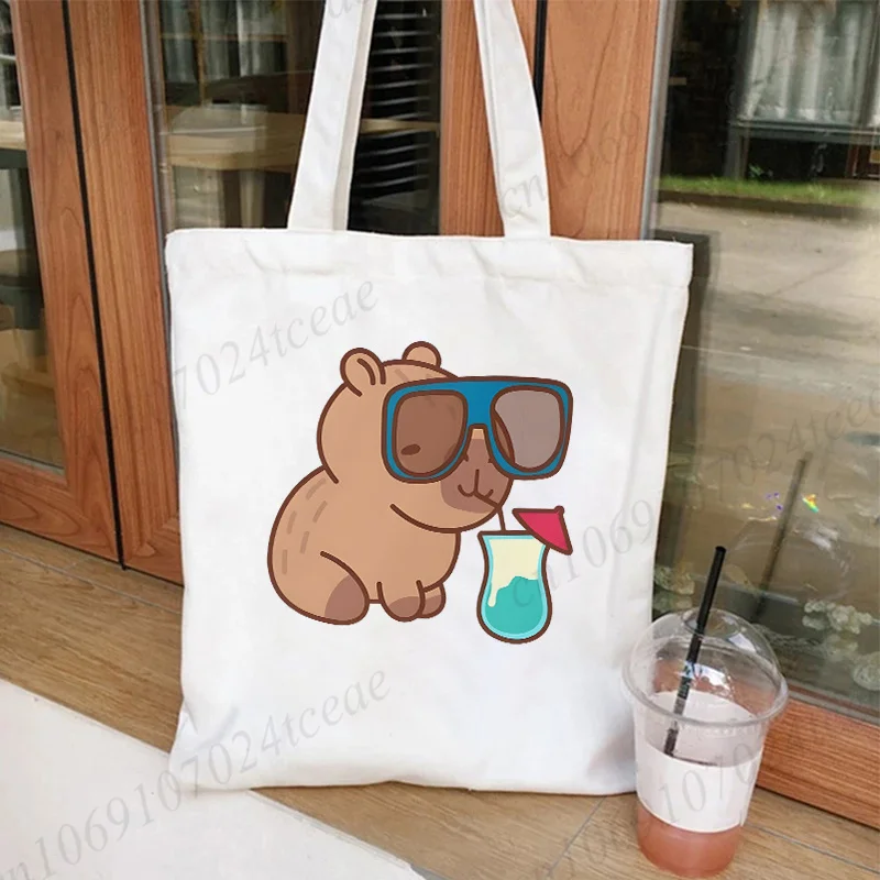 Summer Vacation Capybara Canvas Bag for Women Beach Shopper Handbags Reusable Shoulder Tote Bag Cartoon Animal Girls Hand Bag