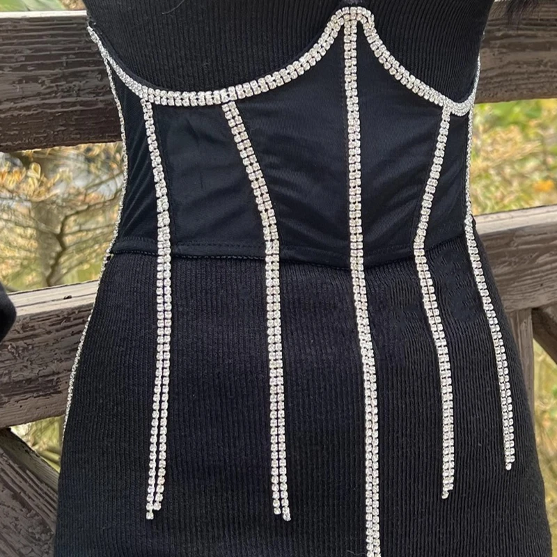 

Rhinestone Sexy Drilled Crystal Breathable Mesh Corset Bandage Luxury Diamond Slim Belt Wrap Girdle Streetwear Top