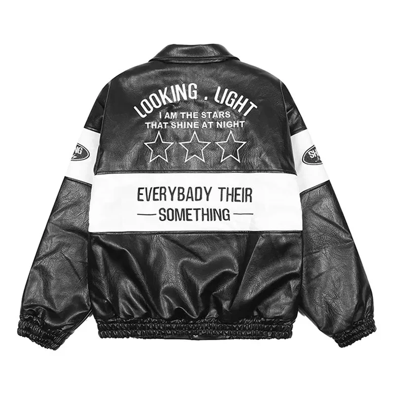 Womens Leather Bomber Jacket Spring Autumn Hip Hop High Street Varsity Racing Woman PU Jackets Vintage Patchwork Coats Unisex