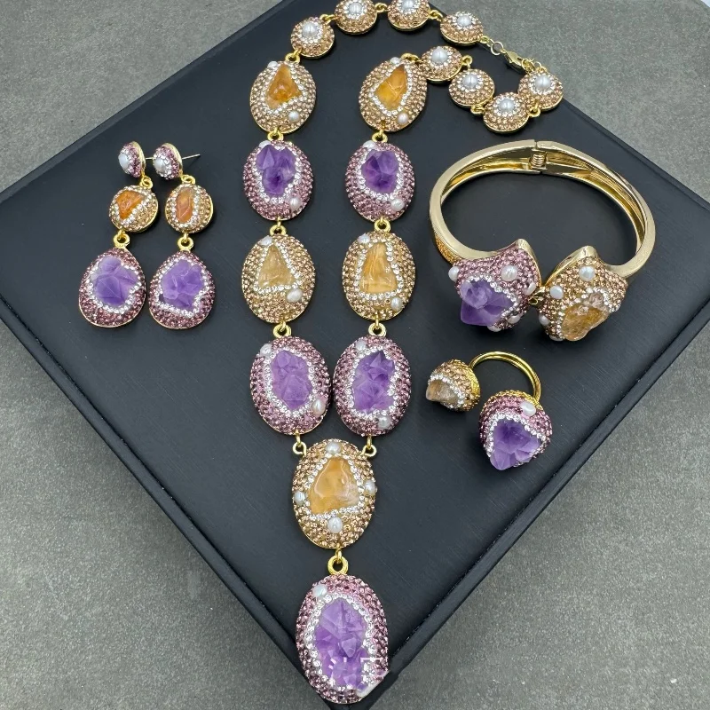 

set Amethyst Citrine Baroque inlay zircon pendant necklace bracelet earrings ring woman's jewelry party