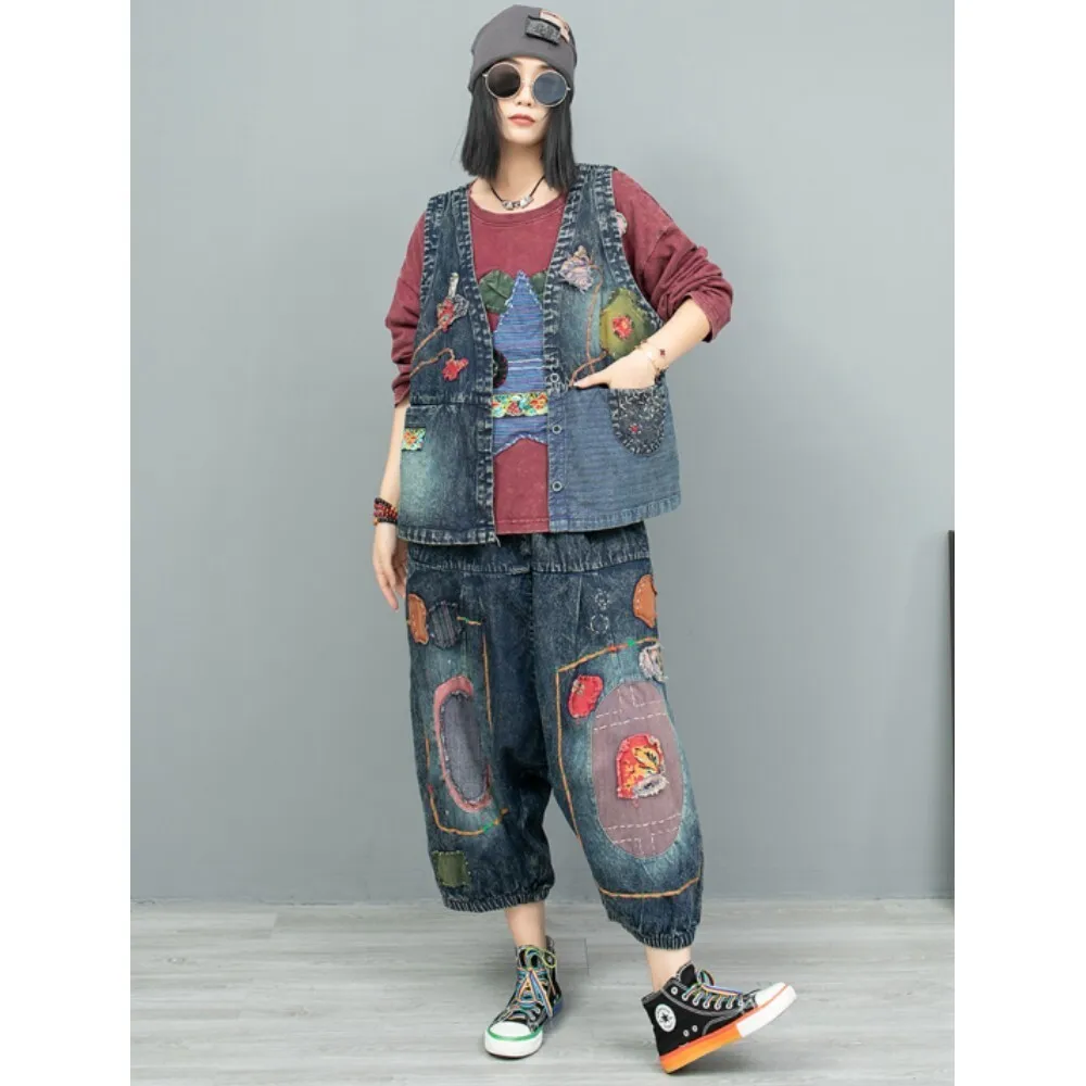 

2024 Autumn Heavy Industry Hand Embroidered Cloth Splicing Cardigan Denim Vest + Hanging Crotch Pants Two Piece Set Women ZF088