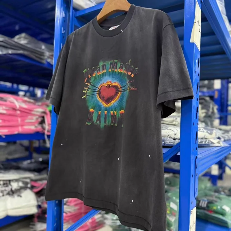Summer Men's Women's Fashion Retro Prints Patterns Distressed Hip-Hop Oversized Crew Neck SAINT Tee