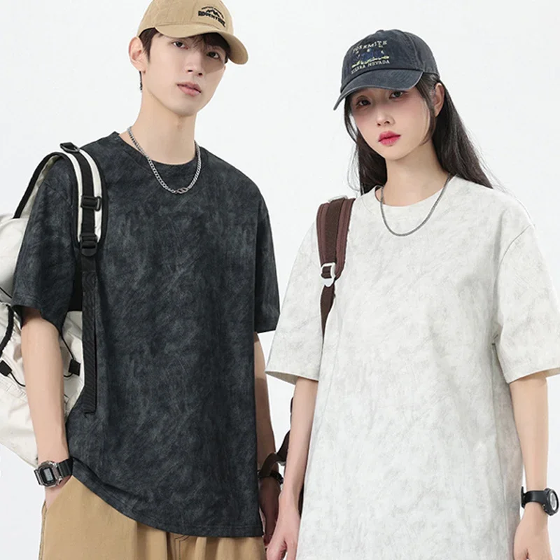 

Retro Tie-Dye Men's T-Shirts 2025 Summer Oversized Short Sleeve Couple Matching Cotton Unisex Graphic Print Crew Neck Tees
