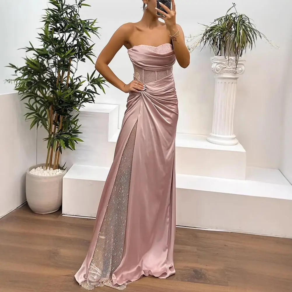 Robe de Soirée Élégante en Satin pour Femme, Tenue de Bal à Paillettes, Nministériels d Plissé, Maille, Patchwork, Longueur au Sol