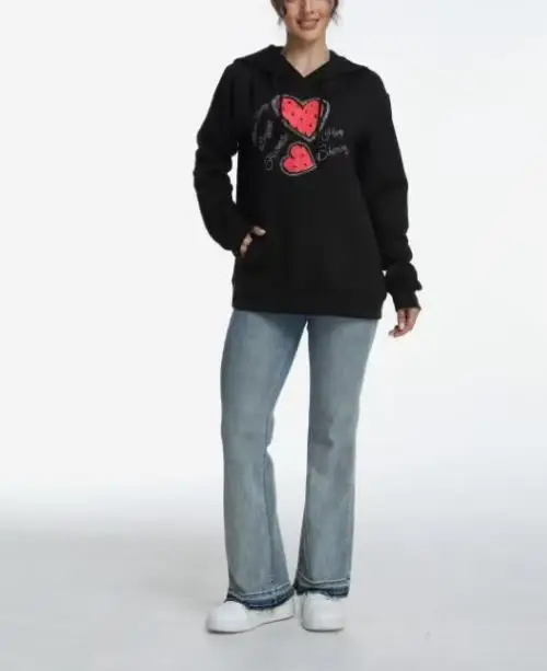 

Autumn and Winter New Rhinestone Heart Print Decoration Slim Fit Women's Fashionable Casual Long Sleeved Lace Up Hoodie Top