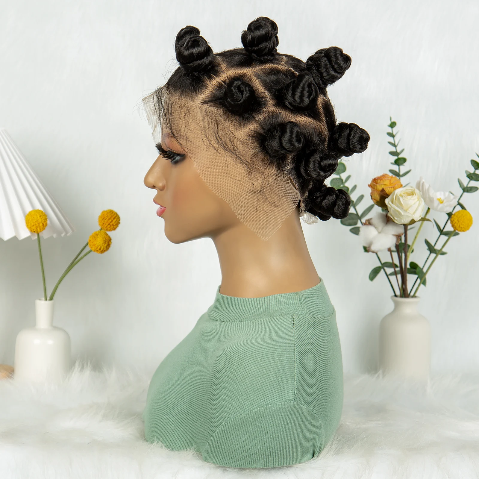 Pelucas trenzadas Bantu hechas a mano de encaje completo, peluca de encaje trenzado Bantu corto Frontal de encaje sintético con pelo de bebé para mujeres negras