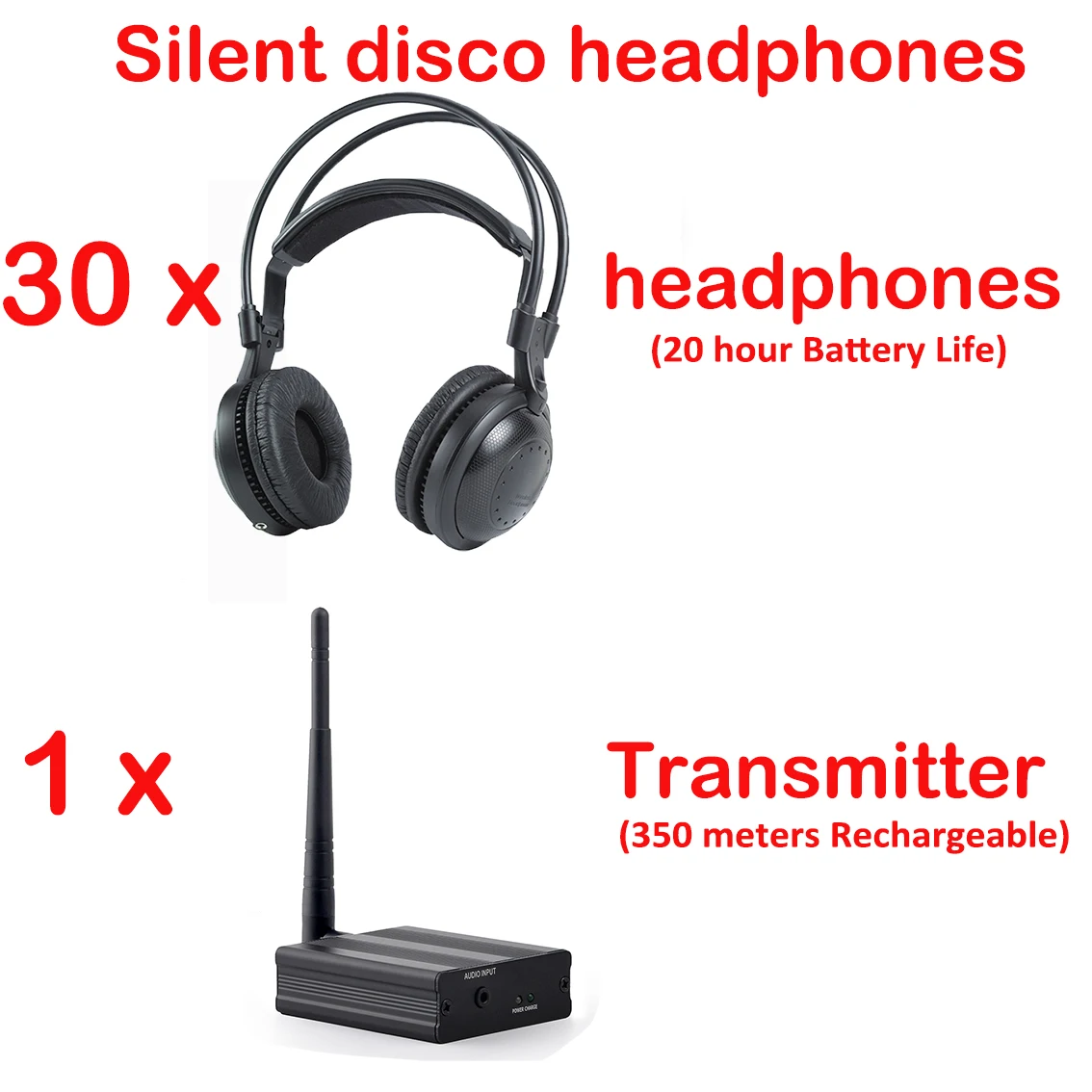 HIFI Sound Deep Bass Silent Disco Wireless Headphones Package with 30pcs Receivers and Transmitters 500m Distance 3 channel