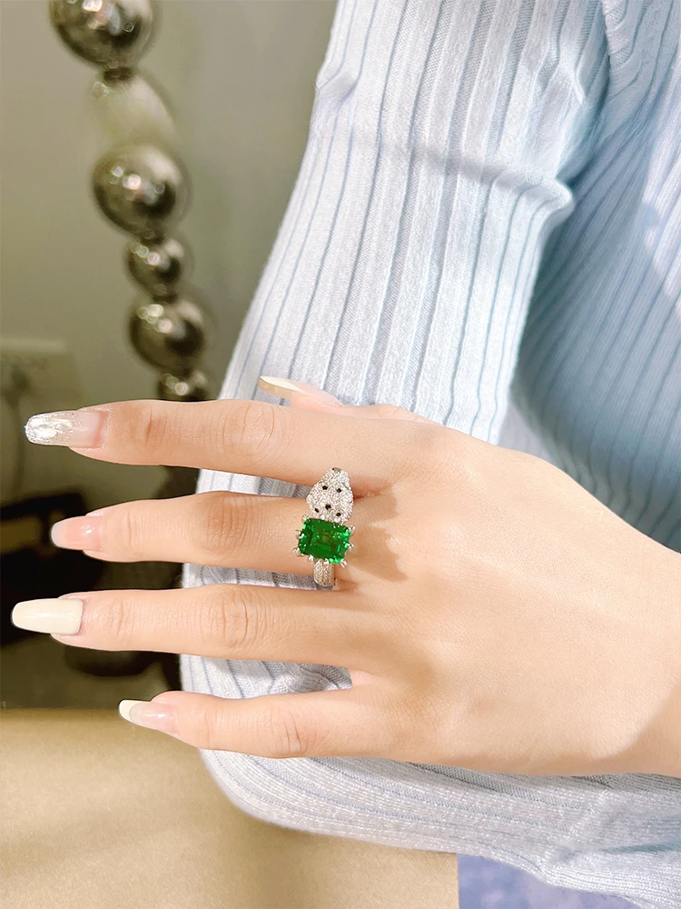 Heavy Industry Artificial Emerald Leopard 925 Sterling Silver Ring Set with High Carbon Diamond Full Diamond Wedding Jewelry