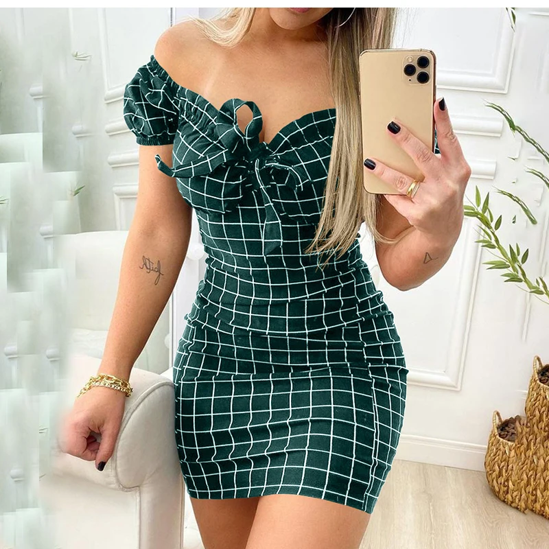 Summer Sexy Off Shoulder Mini Dress Women Fashion Casual Plaid Dresses Bodycon Beach Boho Party Dress For Women Robe Femme