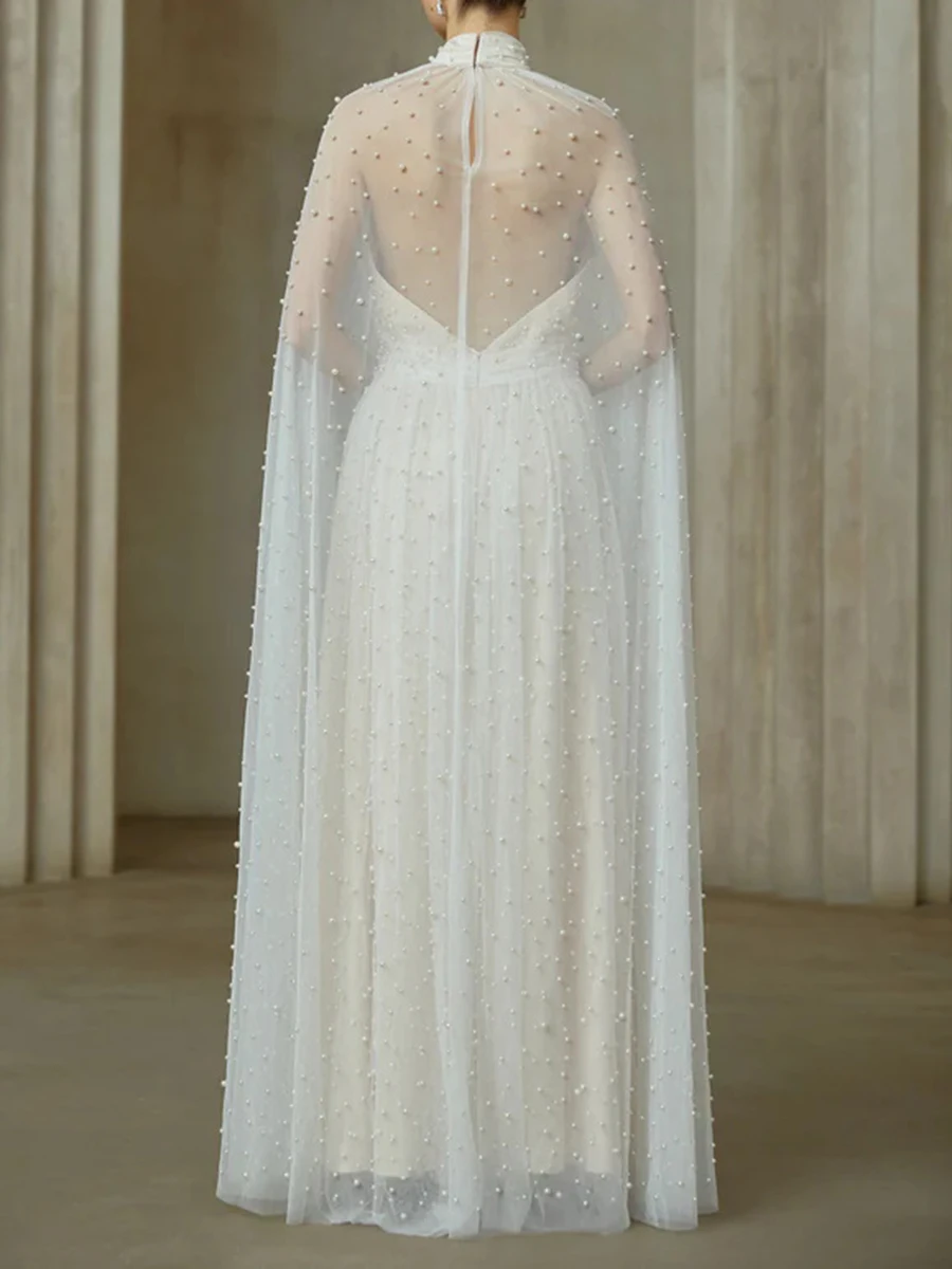 TWOTWINSTYLE Solid Sheer Spliced Bead Luxurious Dresses for Women Stand Neck Long Sleeves Tunic Patchwork Shirring Dress Female