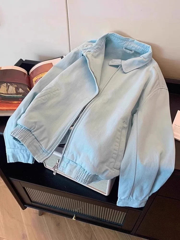 

Retro Japanese Sle Blue Workwear Jaet Double Zipper Collared Commute Versatile Men's Spring Autumn mat Sle Jaet