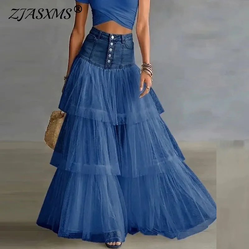 Women Denim High Waist Tulle Maxi Skirt Single Breasted Button Pocket Ruffle Layered Mesh Long Skirt Summer Party Holiday Skirts