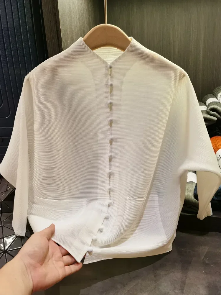 Pleats original pocket design solid color bat sleeve pleated short jacket female spring new fashion loose big size cardigan tops