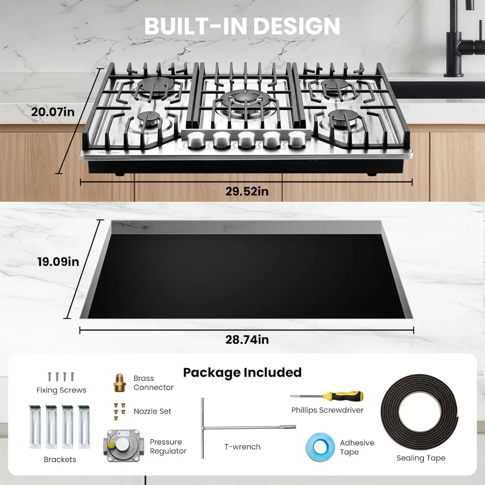 Estufa de gas de 30 pulgadas con 5 quemadores sellados, estufa empotrada de acero inoxidable con protección de termopar, gas