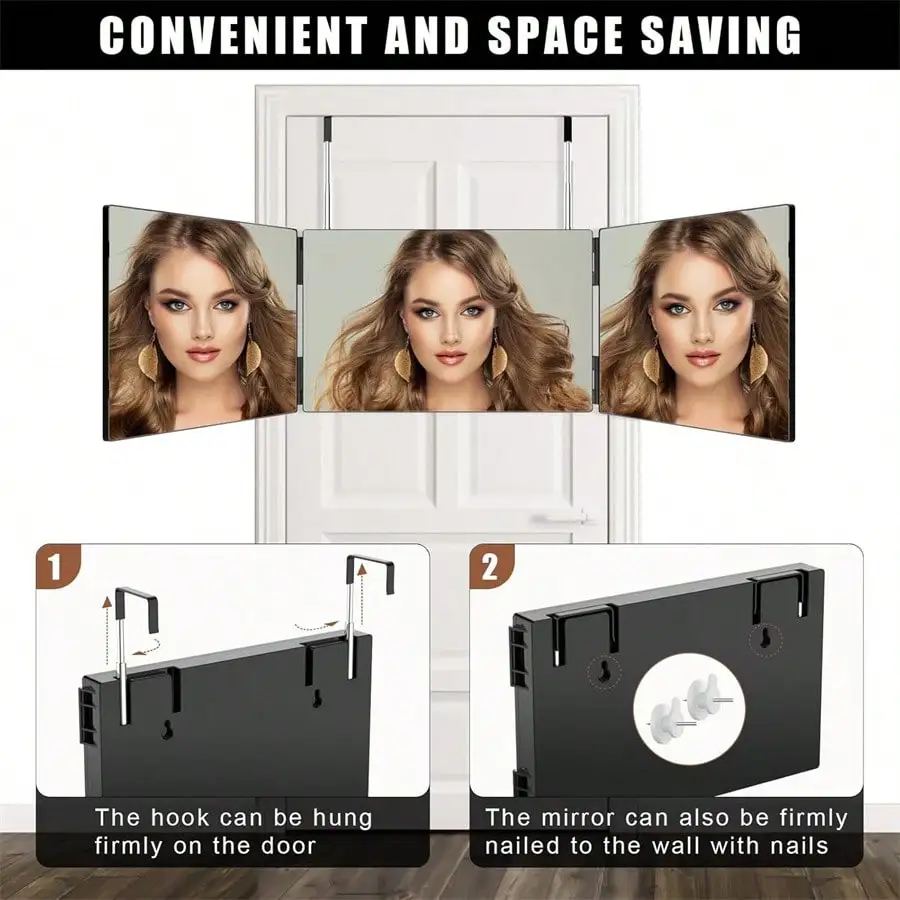 360 °   Specchio pieghevole a 3 vie - Vetro HD antiappannamento, gancio retrattile, portatile per taglio di capelli/rasciare/colorare/trucco