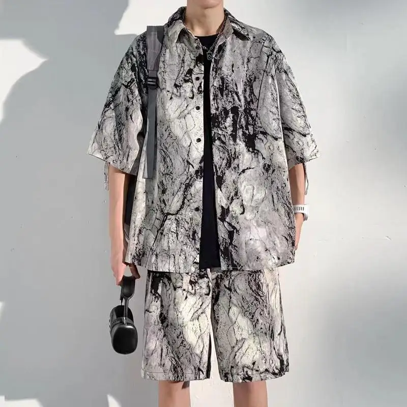 

Print Men's Shorts Set Grey Graphic Korean Two Piece Two-piece Outfit 2025 Trend New in Matching Novelty Male Shirts Short Sets