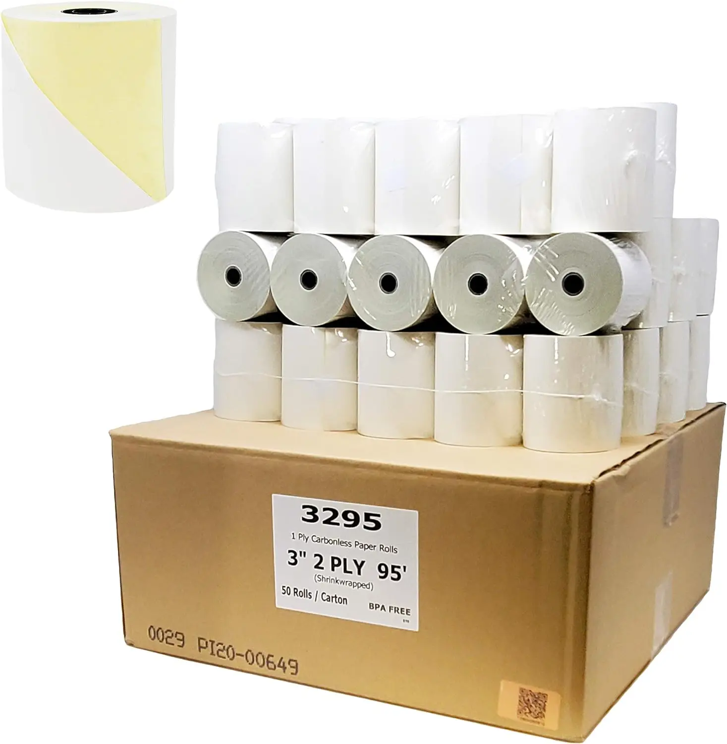 BuyRegisterRolls-rollos de papel para impresora de cocina, rollos de 2 capas sin carbono (50 rollos), 3X95 pies, Blanco/canario, sólido