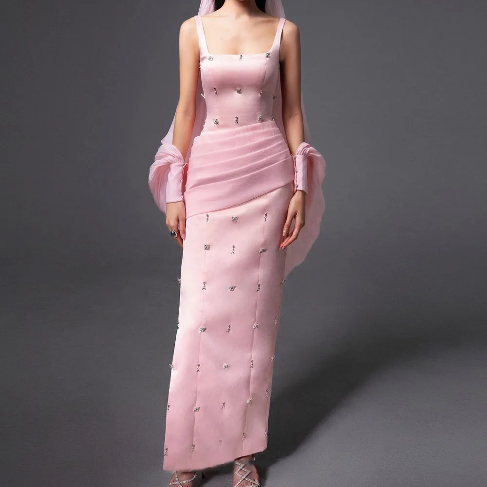 

Customized Straight Prom Dresses Ankle-Length Square Collar Sleeveless Evening Gown Simple Fashion Sequined Pleat Party Gown